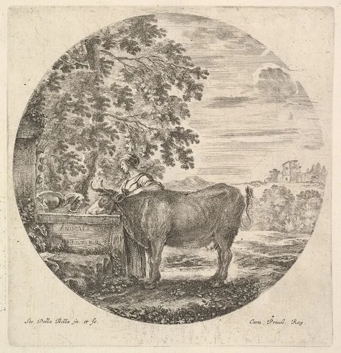 A cow in center drinking from a fountain adorned with the Medici coat of arms at left, accompanied by a shepherd standing behind, a round composition, from 'Six animal subjects' (Six sujets d'animaux)