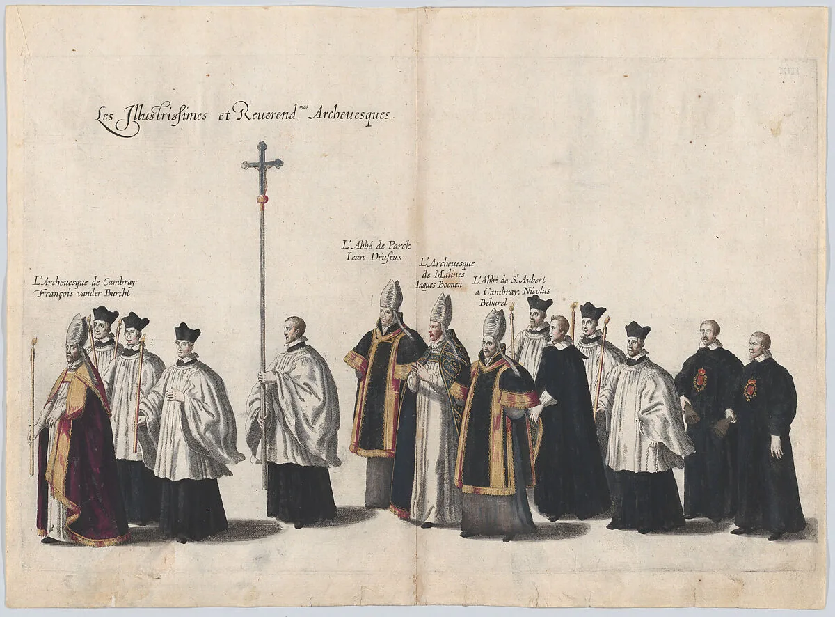 Plate 13: Members of the clergy marching in the funeral procession of Archduke Albert of Austria; from 'Pompa Funebris ... Alberti Pii' — Jacques Francquart|Cornelis Galle I