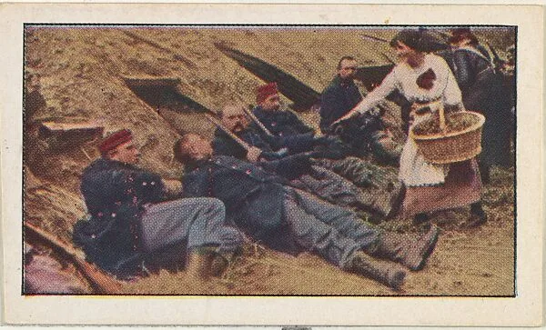 Card No. 123, Women Risk Lives to Bring "Goodies" to Soldiers in Trenches, from the World War I Scenes series (T121) issued by Sweet Caporal Cigarettes — American Tobacco Company|Underwood & Underwood