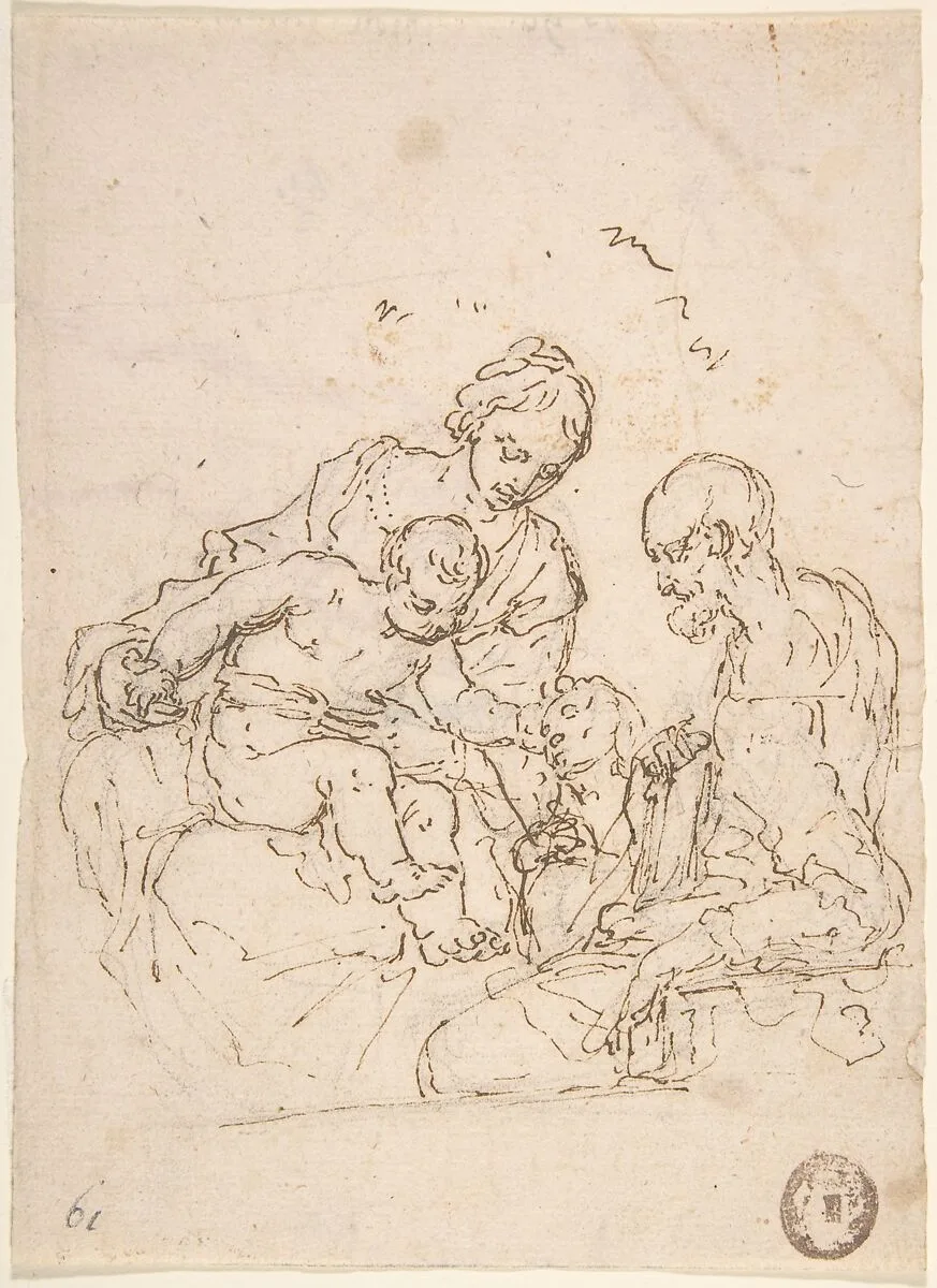 Holy Family with St. John the Baptist (recto); Study of a Foot (verso) — Anonymous, Italian, 17th century
