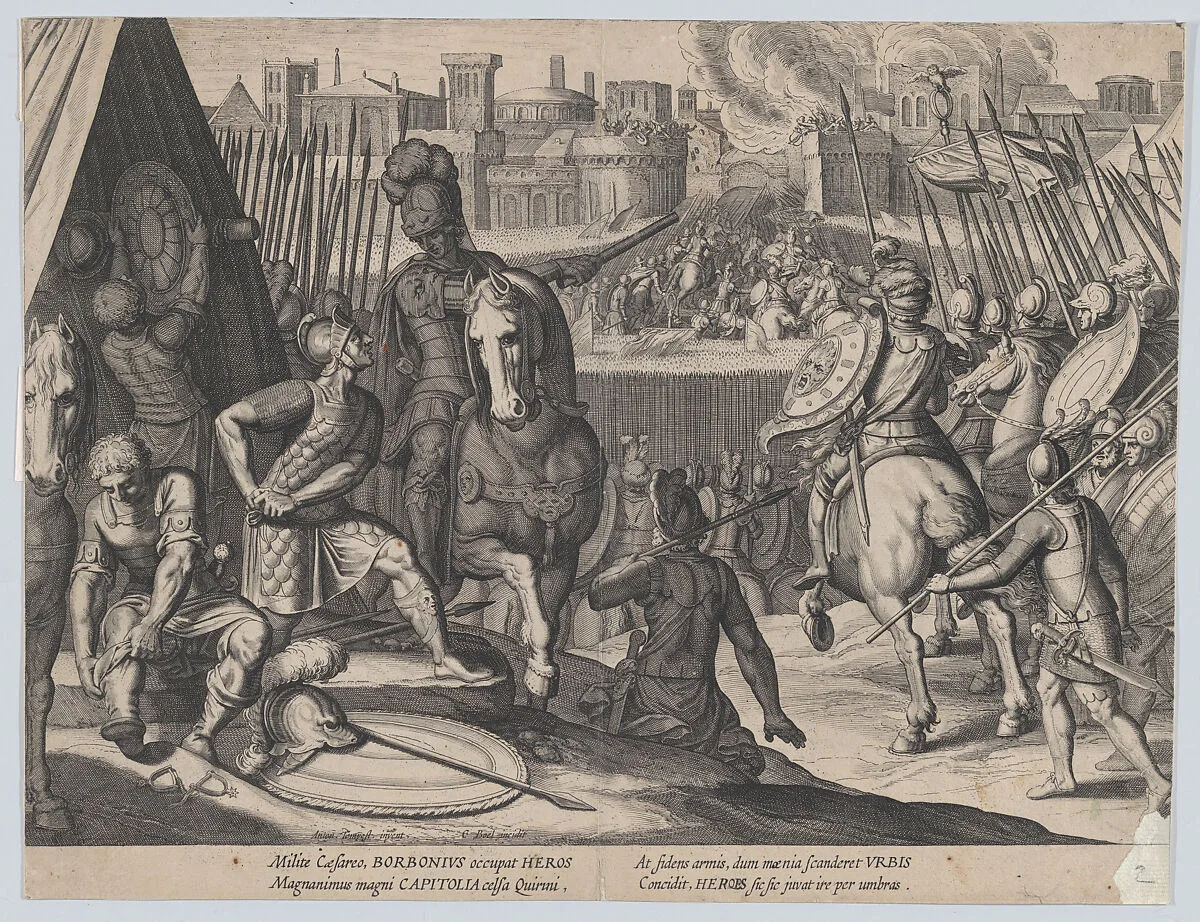 Plate 2: The city of Rome taken by Constable of Bourbon, from the Triumphs of Charles V — Cornelis Boel|Antonio Tempesta