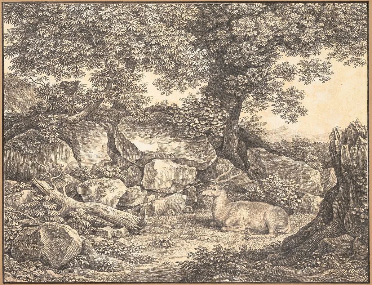 Italian Landscape with Trees, Rocks and a Resting Deer — Johann Christian Reinhart