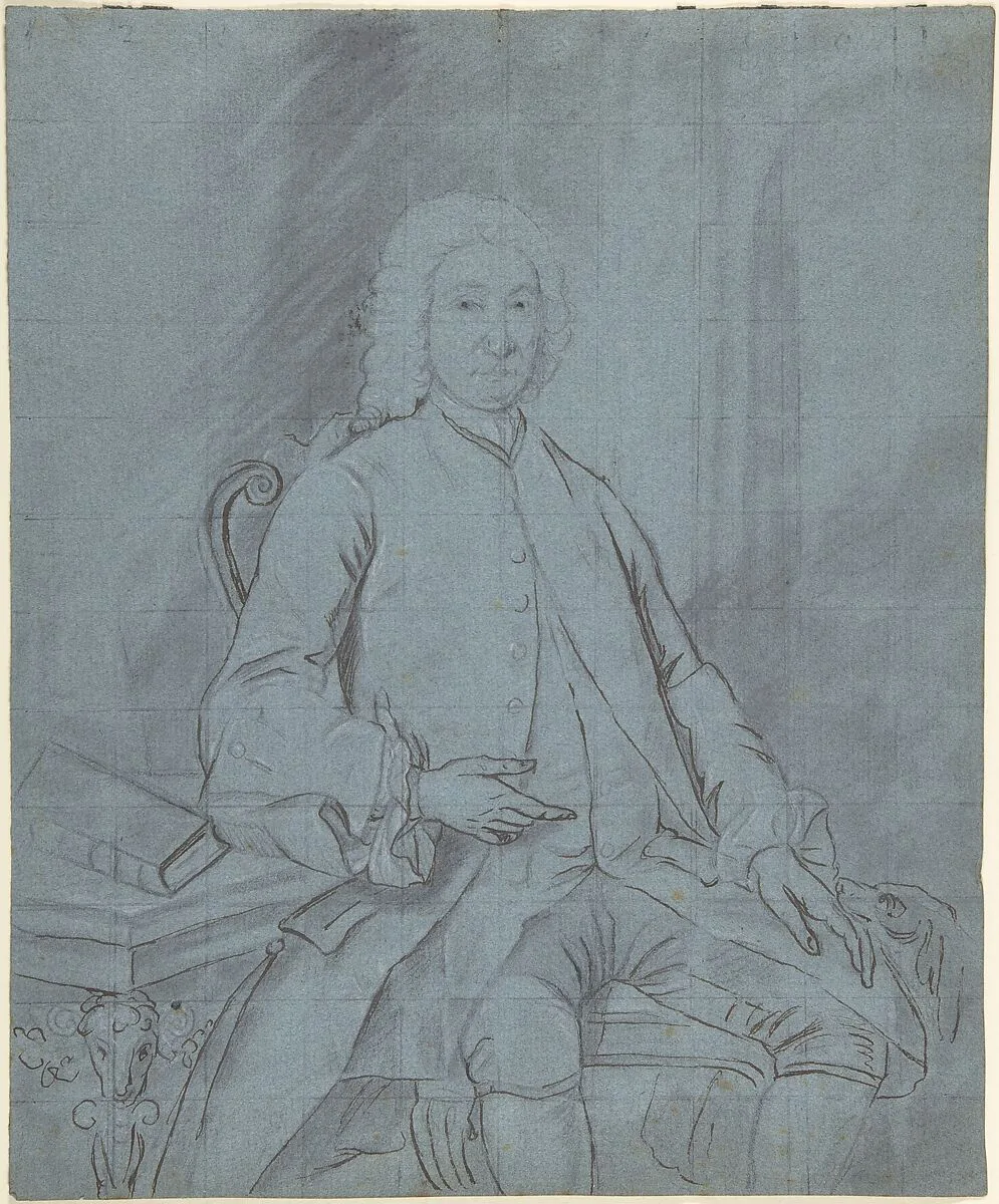 Three-Quarters-Length Portrait Study of a Man Seated at a Desk with a Dog — Joseph van Aken