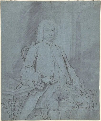 Three-Quarters-Length Portrait Study of a Man Seated at a Desk with a Dog