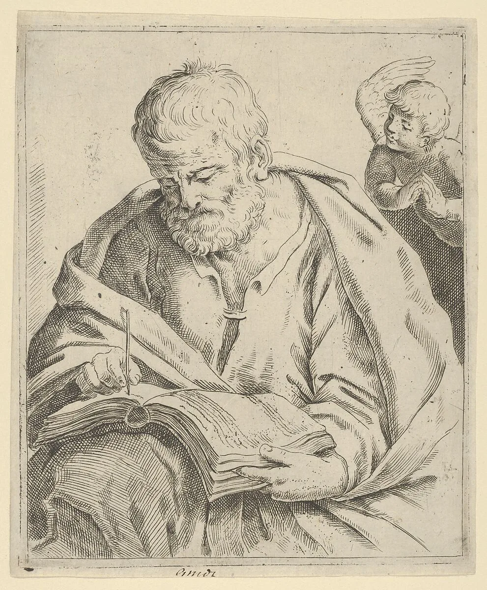 Old man seated and writing in a book, an angel at right looking over his shoulder, after Reni (?) — Guido Reni|Anonymous