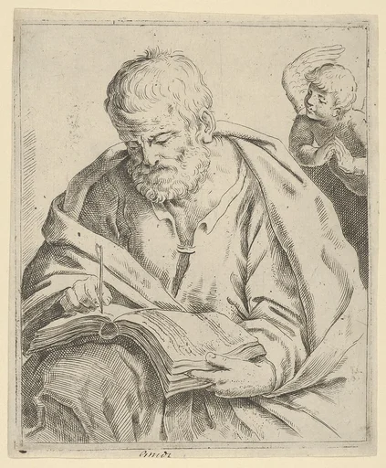 Old man seated and writing in a book, an angel at right looking over his shoulder, after Reni (?)