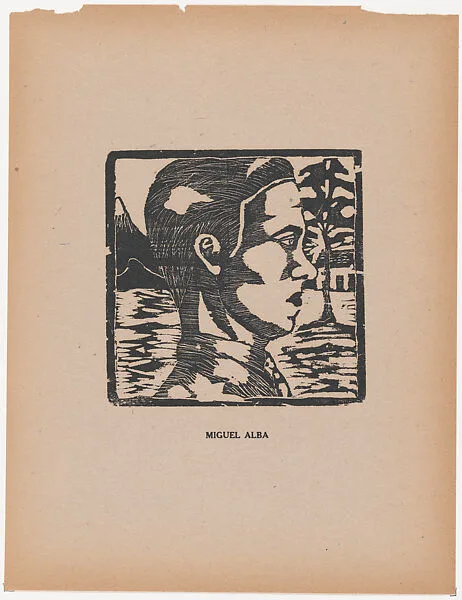 A young man facing right before a landscape, from the portfolio 'Los pequeños grabadores en madera, alumnos de la Escuela Preparatoria de Jalisco' (Guadalajara, Mexico 1925). — Miguel Alba