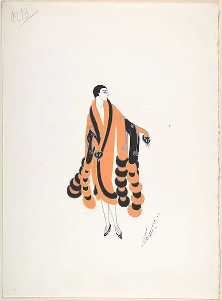 Design for Orange and Black Coat Trimmed in Fur with Cobra Heads at Sleeve Cuffs for "Manhattan Mary," Majestic Theater, New York — Erté (Romain de Tirtoff)