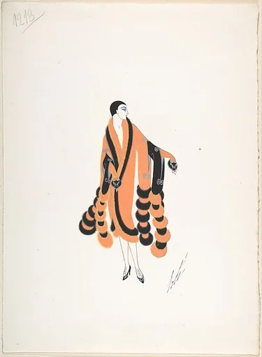 Design for Orange and Black Coat Trimmed in Fur with Cobra Heads at Sleeve Cuffs for "Manhattan Mary," Majestic Theater, New York