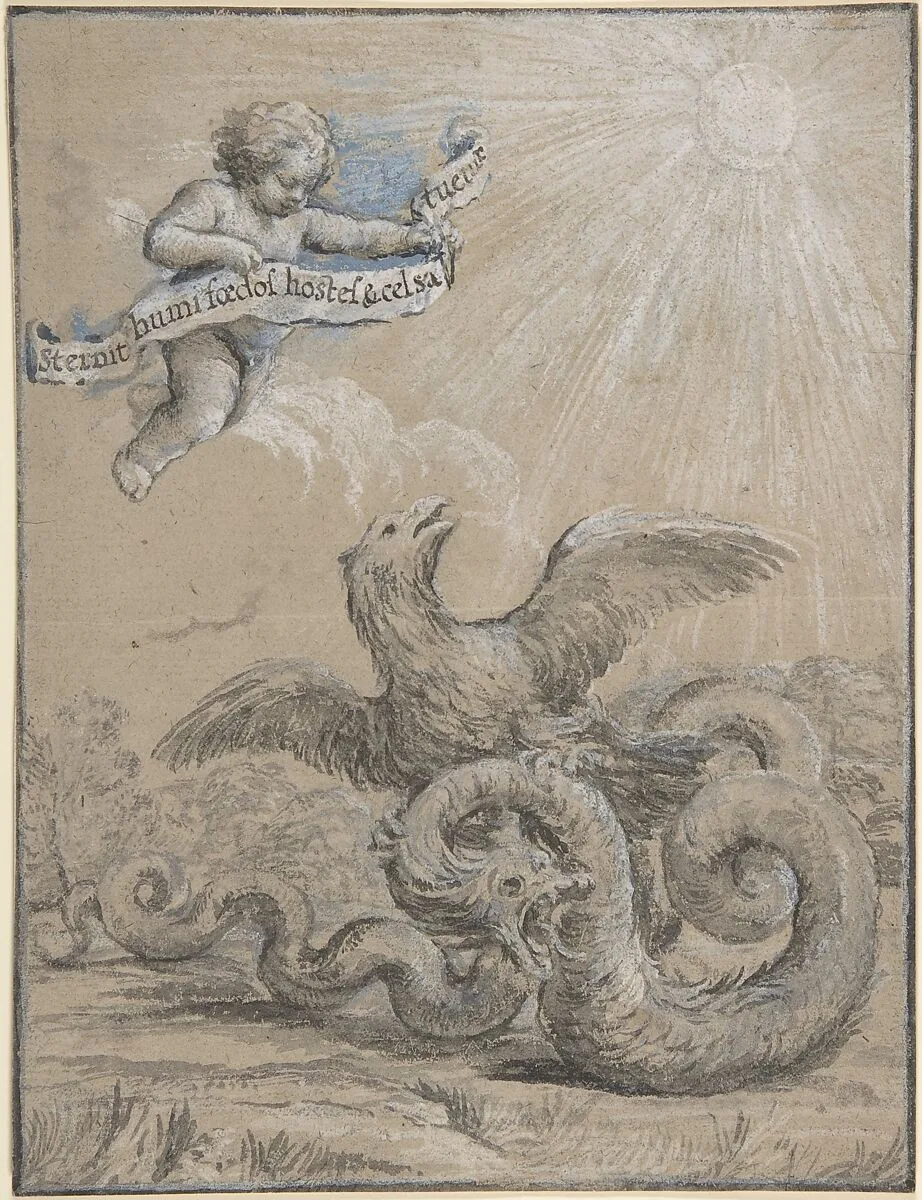 Design with an Eagle Fighting with a Serpent and a Putto in the Sky Holding an Inscribed Banner. — Pietro da Cortona (Pietro Berrettini)