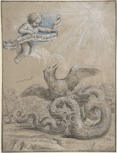Design with an Eagle Fighting with a Serpent and a Putto in the Sky Holding an Inscribed Banner.