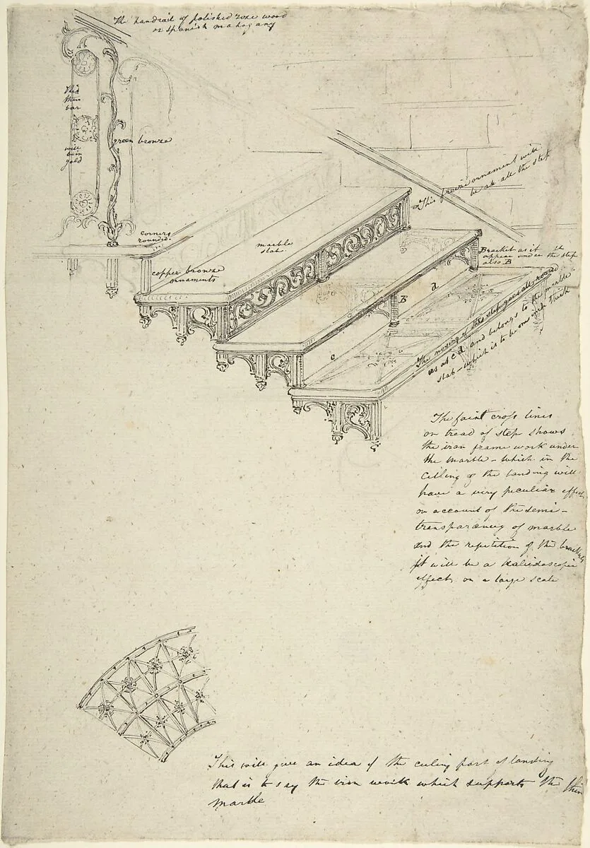 Drawing for an iron stairway with marble treads — Anonymous, British, 19th century