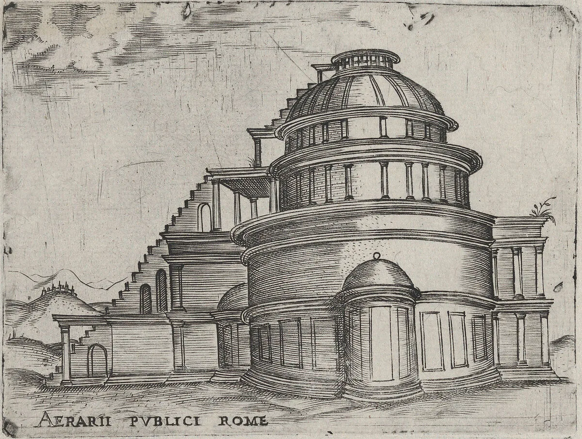 Aerarii Publici Rome, from a Series of 24 Depicting (Reconstructed) Buildings from Roman Antiquity — Anonymous, Italian, 16th century|Monogrammist G.A. & the Caltrop
