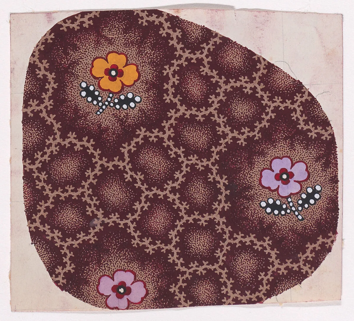 Textile Design with Alternating Rows of Stylized Flowers Decorated with Pearls Framed by an Interlacing Pattern of Garlands of Branches over a Stippled Background — Anonymous, Alsatian, 19th century