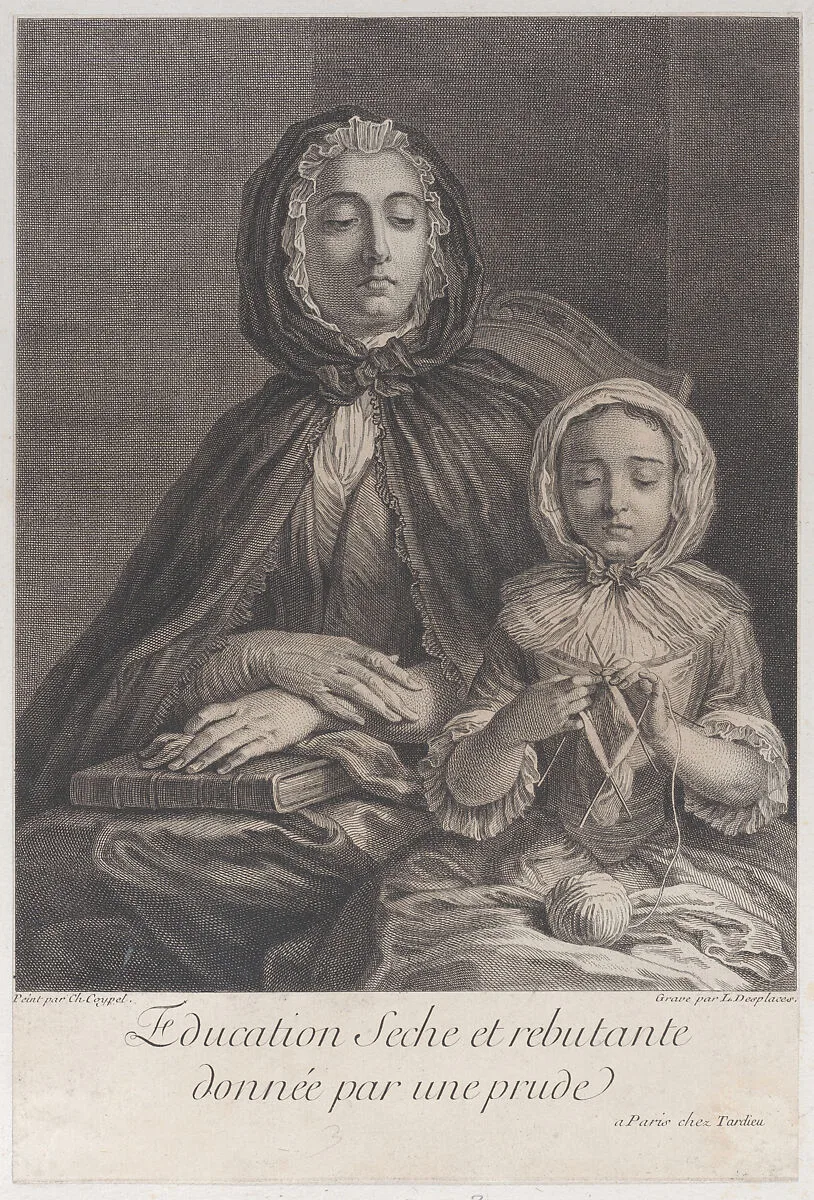 The dry and forbidding education given by a prude (Education seche et rebutante donnée par un prude) — Charles Antoine Coypel|Nicolas Henry Tardieu|Louis Desplaces