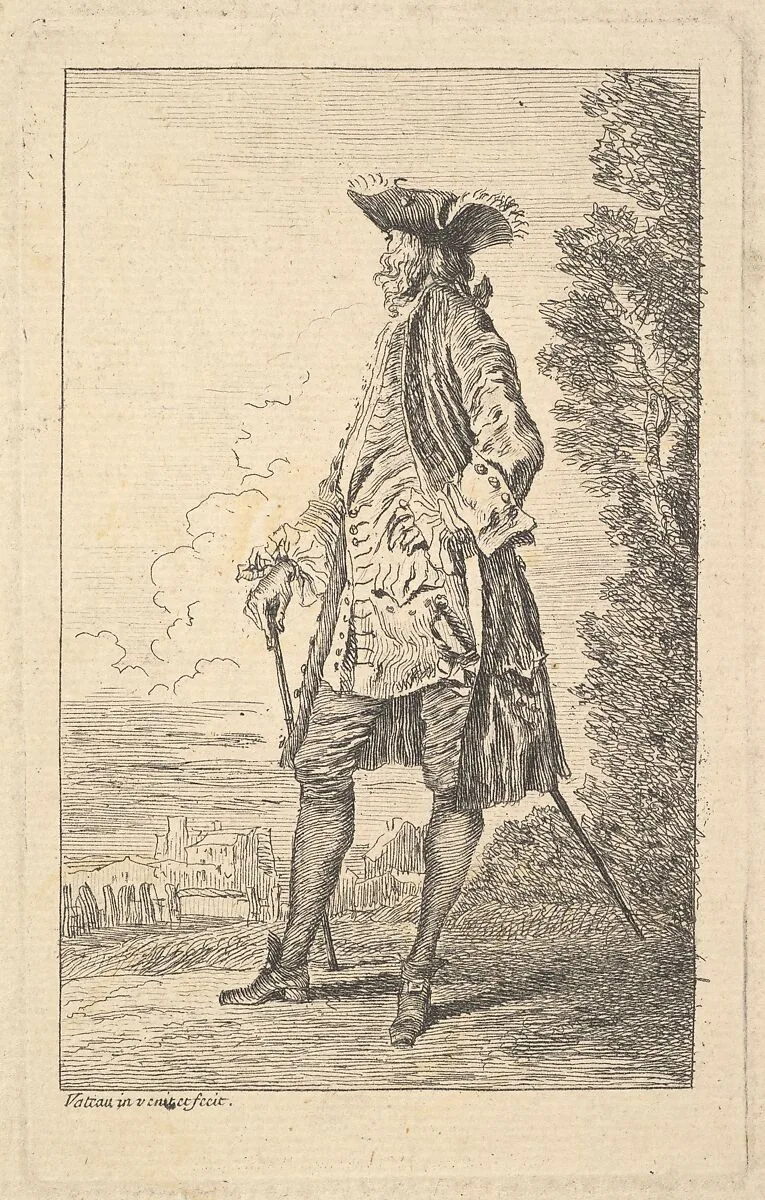 Man walking and carrying a cane in his right hand, shown in three-quarters view with his head turned away from the viewer, from "Figures of Fashion" (Figures de Modes) — Antoine Watteau