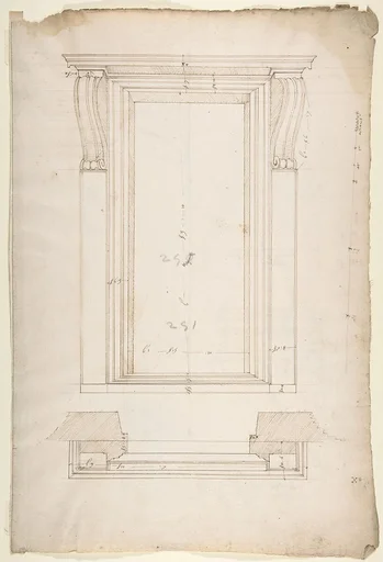 San Lorenzo, New Sacristy, portal, plan; elevation (recto) San Lorenzo, New Sacristy, portal, details (verso)
