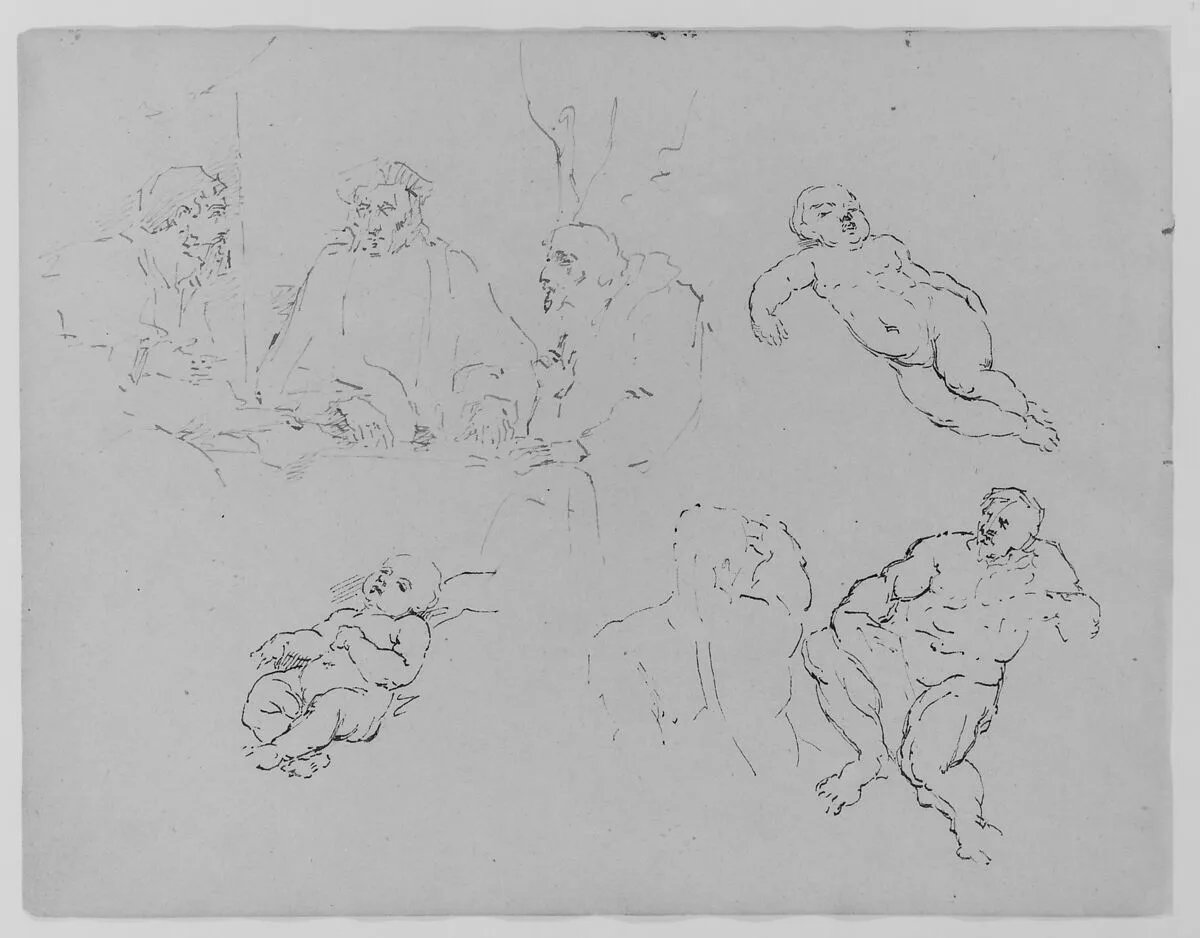 Three Seated Men Conversing; Two Recumbent Children; Back of an Athlete; Seated Male Figure (from Sketchbook) — Thomas Sully