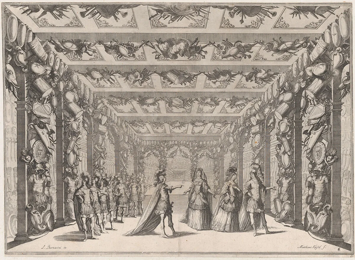 The Arsenal; two soldiers conversing with two women on the right as a group of soldiers look on from the left; set design from 'Il Fuoco Eterno' — Mathäus Küsel|Ludovico Ottaviano Burnacini