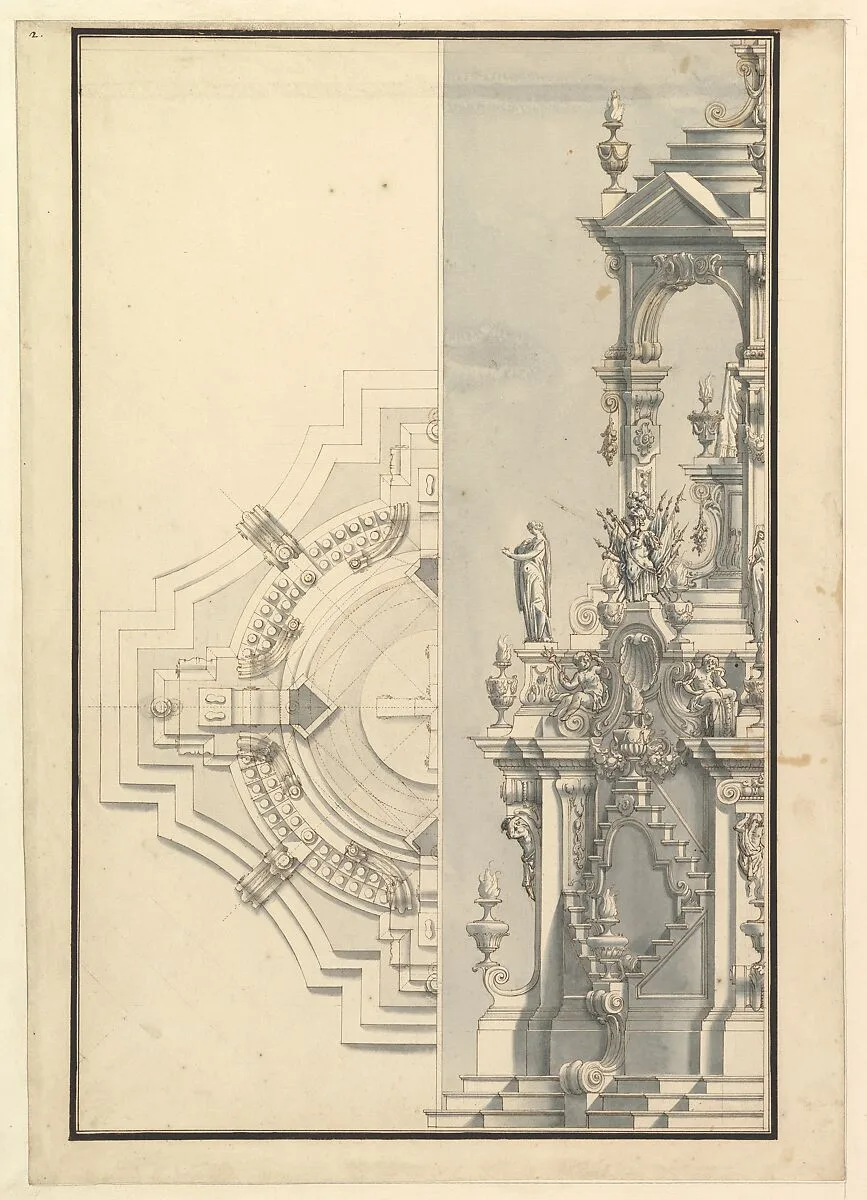 Half Elevation and Half Ground Plan for a Catafalque for a Duke — Giuseppe Galli Bibiena