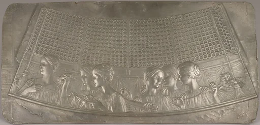 Relief moulded metal plaque for sewing box