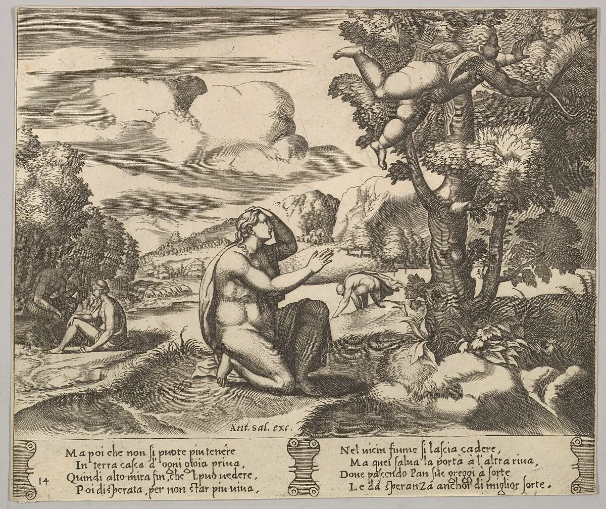 Plate 14: Cupid airborne gleeing from Psyche, from "The Fable of Cupid and Psyche" — Master of the Die|Antonio Salamanca|Michiel Coxie (I)