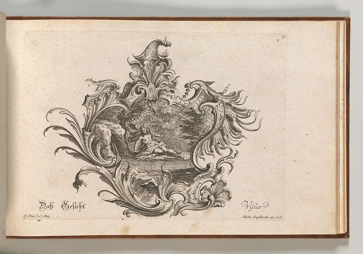 Design for a Cartouche and Representation of 'Sight', Plate 2 from 'Neu Inventierte auf die artigste Facon Sehr nutzliche Schild.' — Johannes Rumpp|Johann Georg Pintz|Martin Engelbrecht