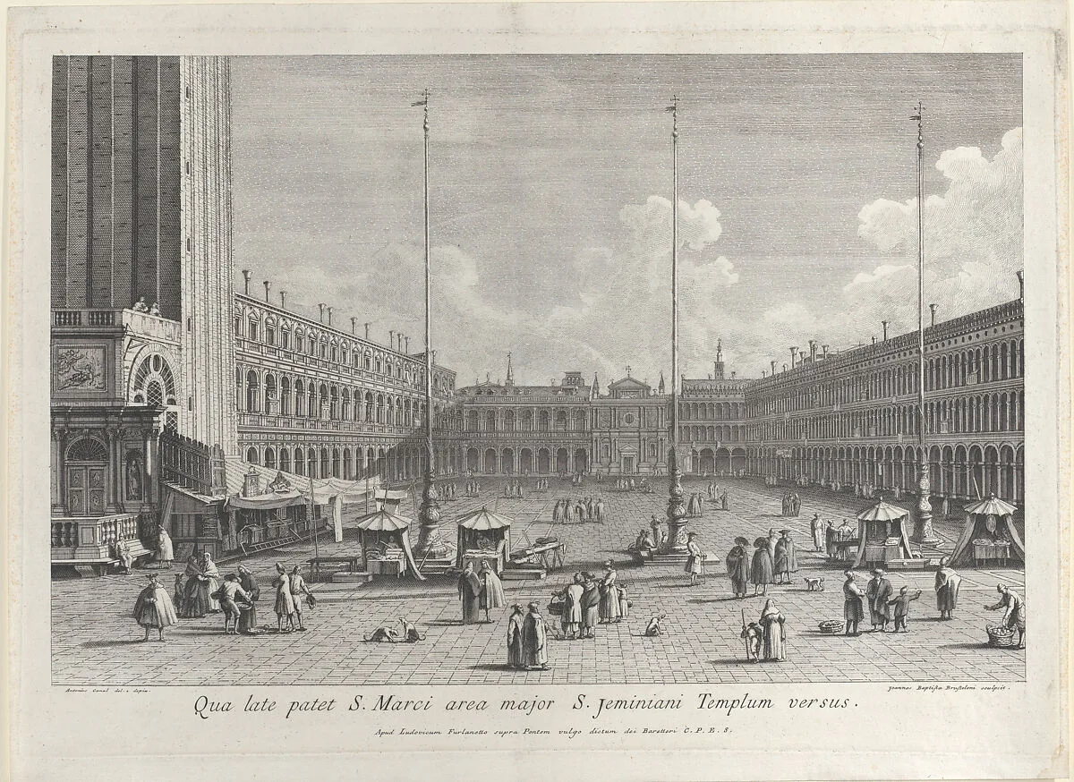 View of Piazza San Marco, with the church of San Geminiano at the far end, and figures and market stalls in the foreground — Canaletto (Giovanni Antonio Canal)|Lodovico Furlanetto|Giovanni Battista Brustolon