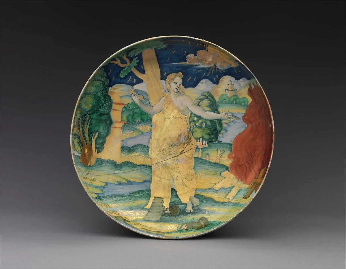 Shallow bowl depicting the Suicide of Dido — Maestro Giorgio Andreoli|Marcantonio Raimondi|Painter of the Judgment of Paris