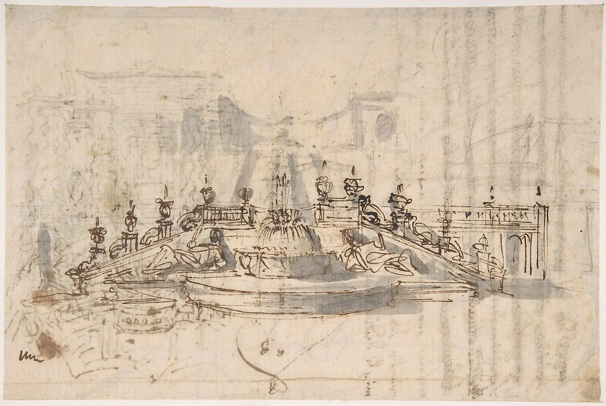 Manuscript page with a Project for a Fountain (recto) and Project and Plan for a Monumental Staircase (verso) — Luigi Vanvitelli