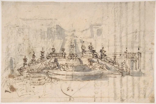 Manuscript page with a Project for a Fountain (recto) and Project and Plan for a Monumental Staircase (verso)