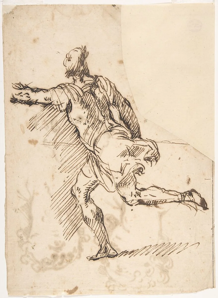 Male Figure Running (recto); Three Pen Studies of Male Heads (verso) — Micco Spadaro (Domenico Gargiulo)