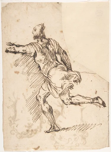 Male Figure Running (recto); Three Pen Studies of Male Heads (verso)