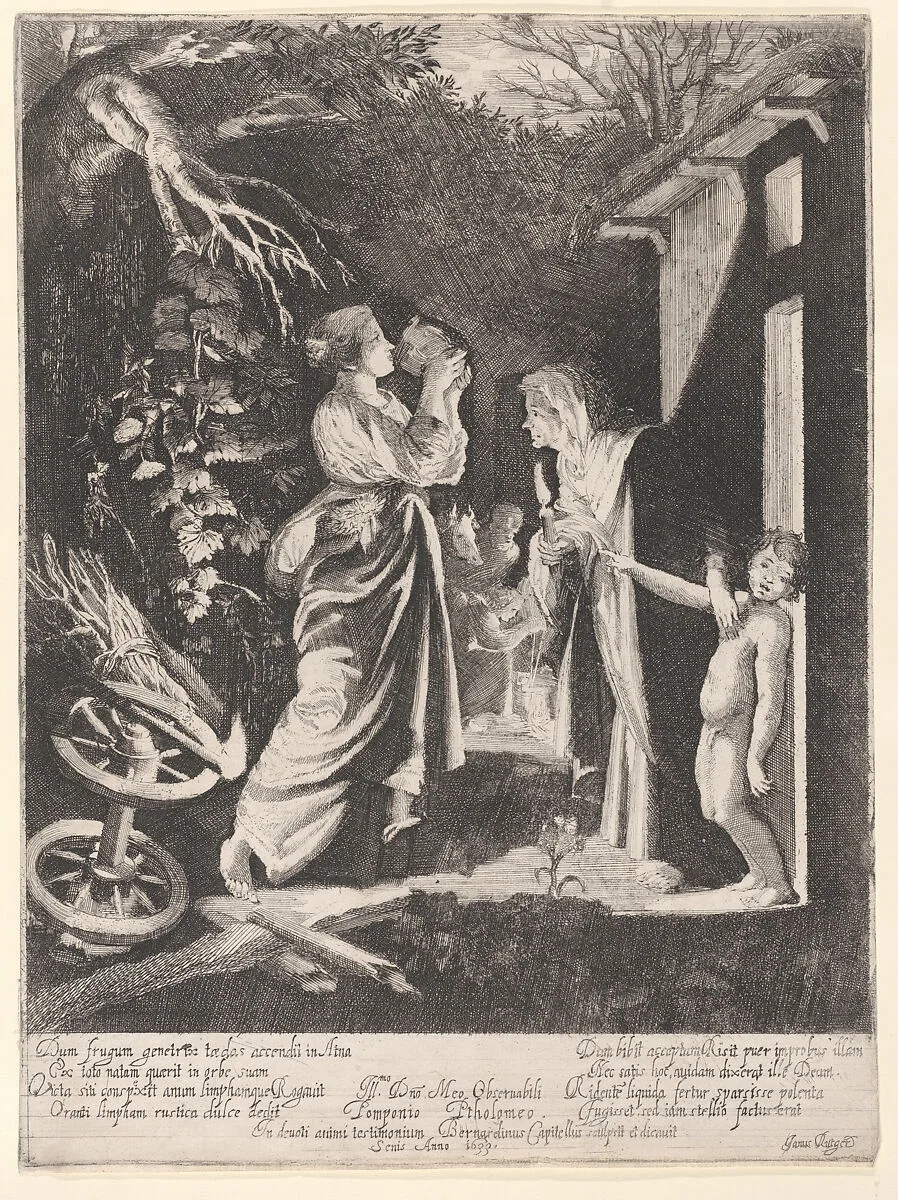 The Mocking of Ceres: a nocturnal scene with Ceres drinking from a jug of water given to her by Stellio at right — Hendrick Goudt|Adam Elsheimer|Bernardino Capitelli
