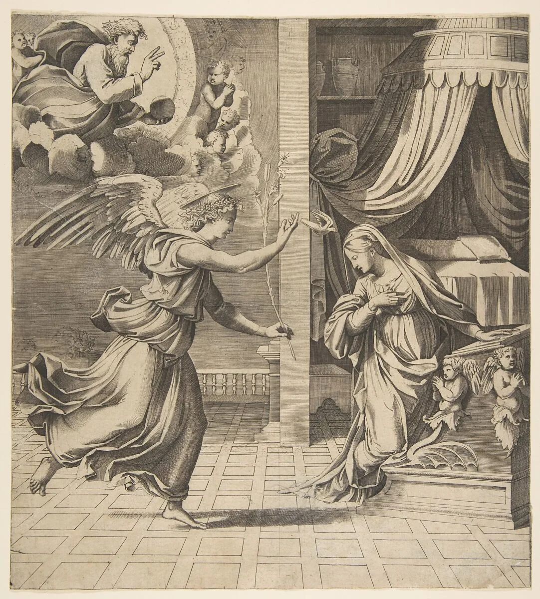 The Annunciation; the archangel Gabriel at left approaching the Virgin kneeling in prayer at right, God the Father in the upper left — Marco Dente|Raphael (Raffaello Sanzio or Santi)