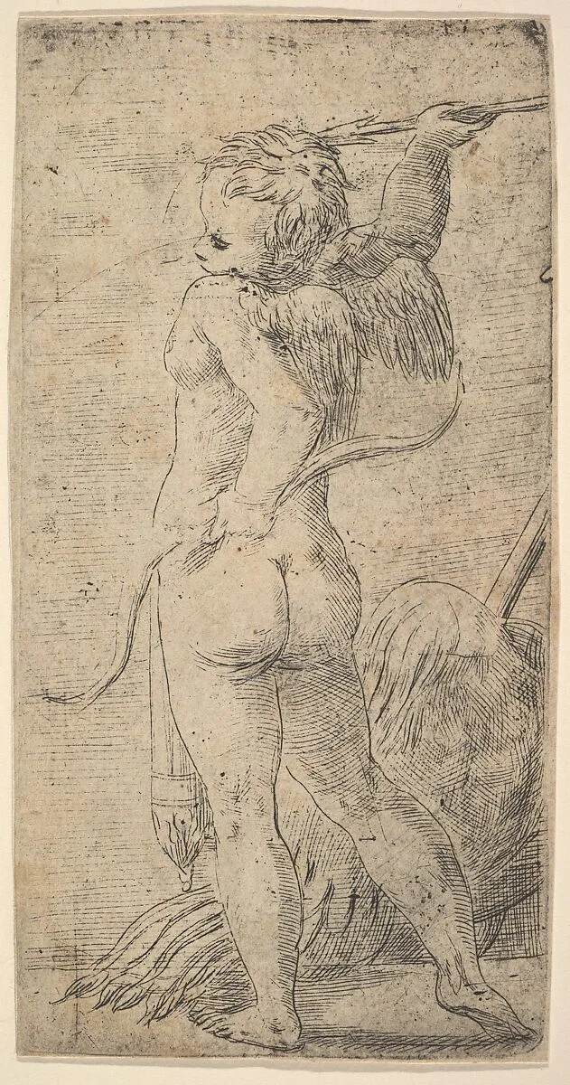 Cupid viewed from behind holding an arrow in his raised right hand, a bow in his left — Andrea Schiavone (Andrea Meldola)