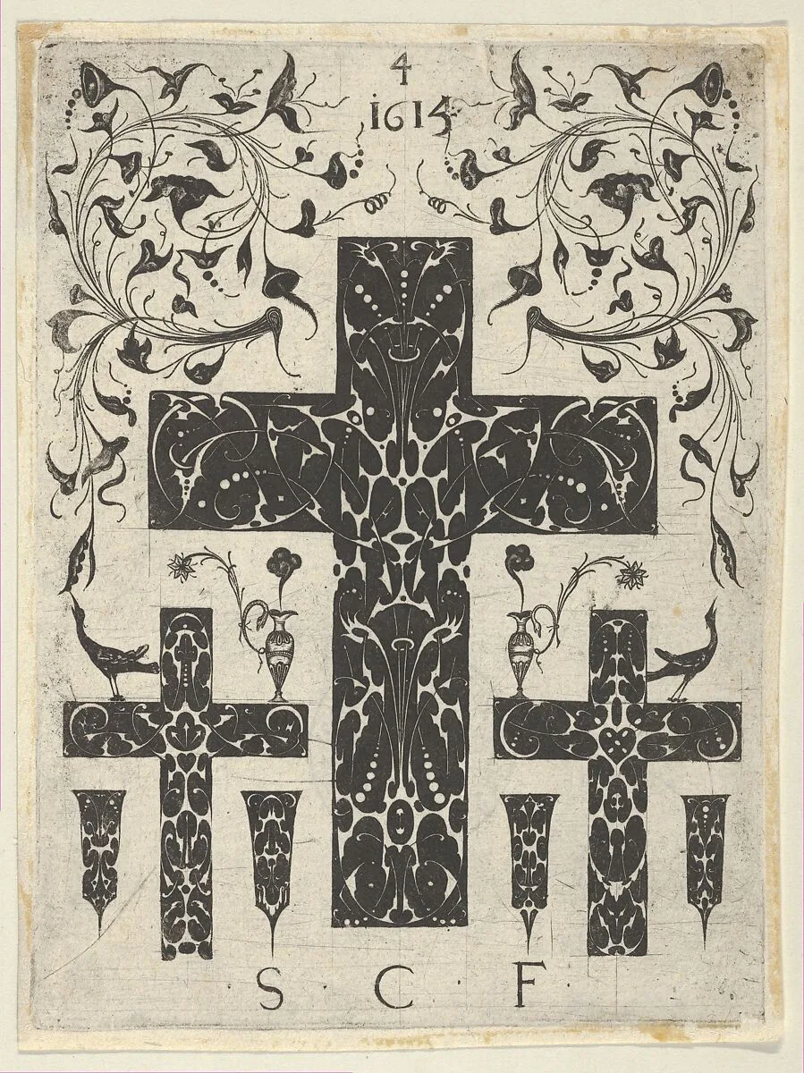 Blackwork Print with Three Crosses and Foliate Scrolls, from a Series of Blackwork Prints for Goldsmiths' Work — Etienne Carteron
