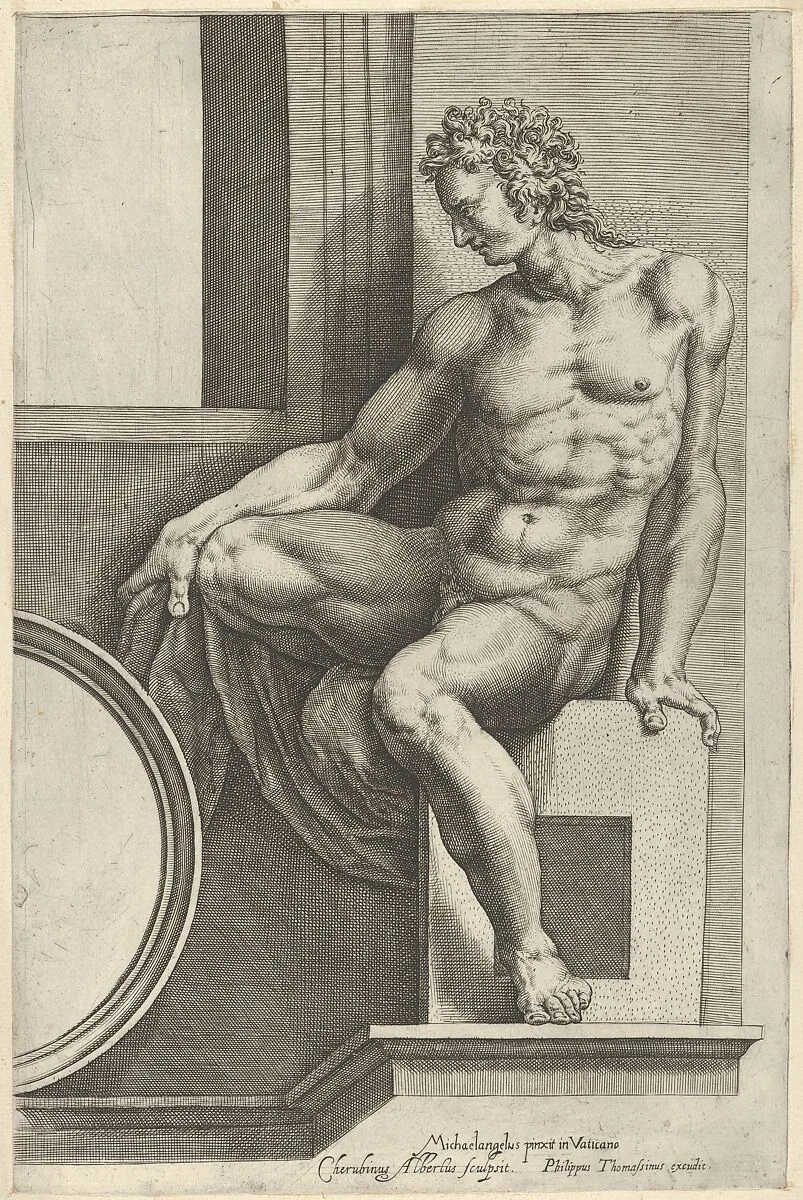A naked man (Ignudo), seated facing left, holding a piece of fabric, after Michelangelo's 'The Last Judgment' fresco in the Sistine Chapel — Cherubino Alberti (Zaccaria Mattia)|Michelangelo Buonarroti|Philippe Thomassin