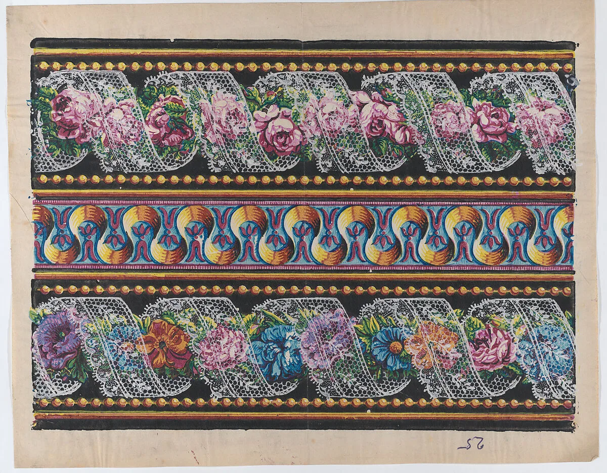 Sheet with a border with floral garlands and lace on a black background — Remondini Family|Anonymous