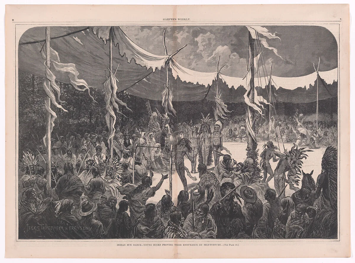 Indian Sun Dance–Young Bucks Proving Their Endurance by Self-Torture ("Harper's Weekly," Vol. XIX, pp. 8-9) — Jules Tavernier|Harper & Brothers|Allen Measom|Paul Frenzeny