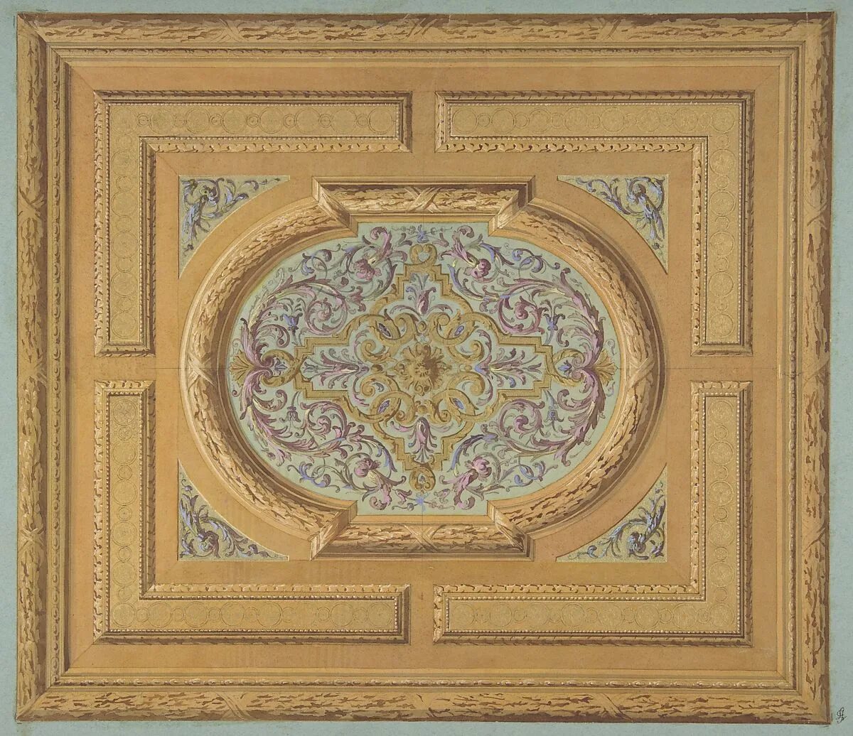 Design for a ceiling decorated with bands of oak leaves and a central panel of scrolls and rinceaux — Jules-Edmond-Charles Lachaise|Eugène-Pierre Gourdet