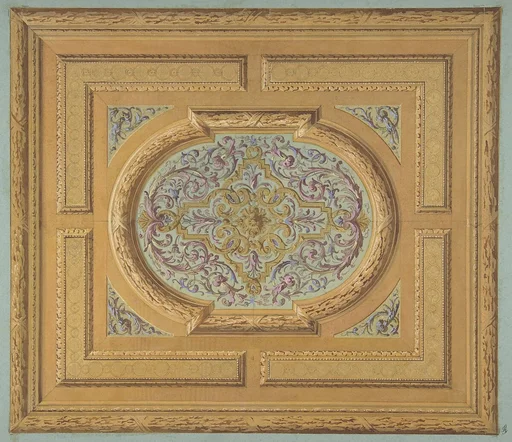 Design for a ceiling decorated with bands of oak leaves and a central panel of scrolls and rinceaux