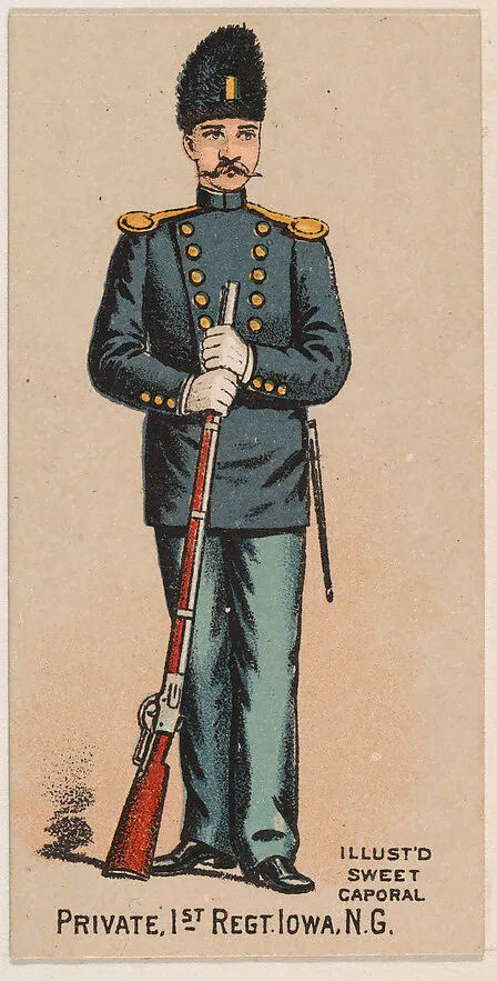 Private, 1st Regiment, Iowa, National Guard, from the Military Series (N224) issued by Kinney Tobacco Company to promote Sweet Caporal Cigarettes — Kinney Brothers Tobacco Company
