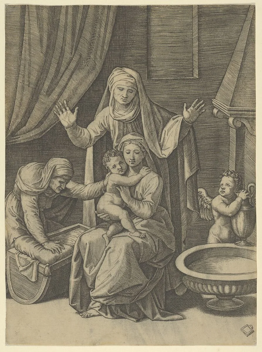 The Virgin holding the Christ Child, St Anne standing above with arms outstretched, St Elizabeth at the left — Marcantonio Raimondi|Raphael (Raffaello Sanzio or Santi)