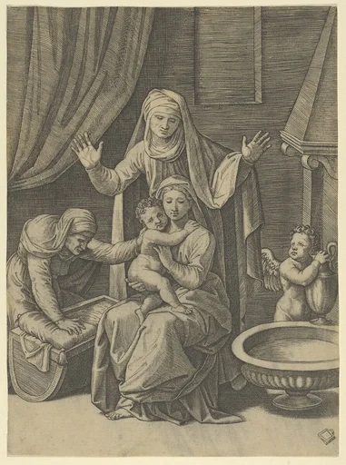 The Virgin holding the Christ Child, St Anne standing above with arms outstretched, St Elizabeth at the left