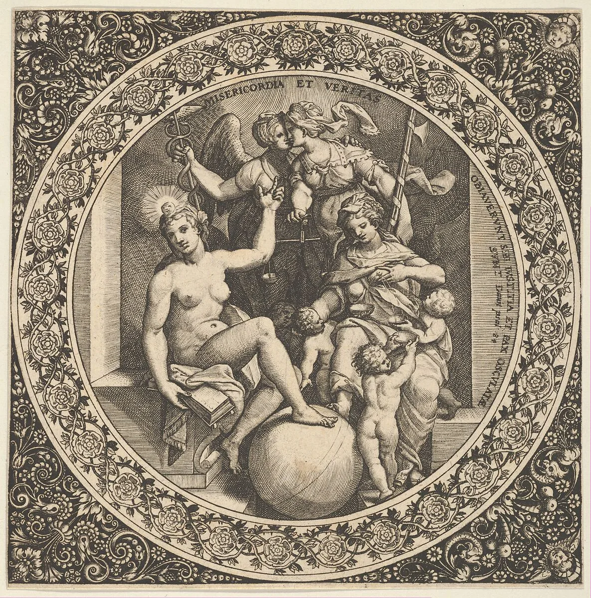Scene with Misericordia and Veritas in a Circle at Center — Theodor de Bry