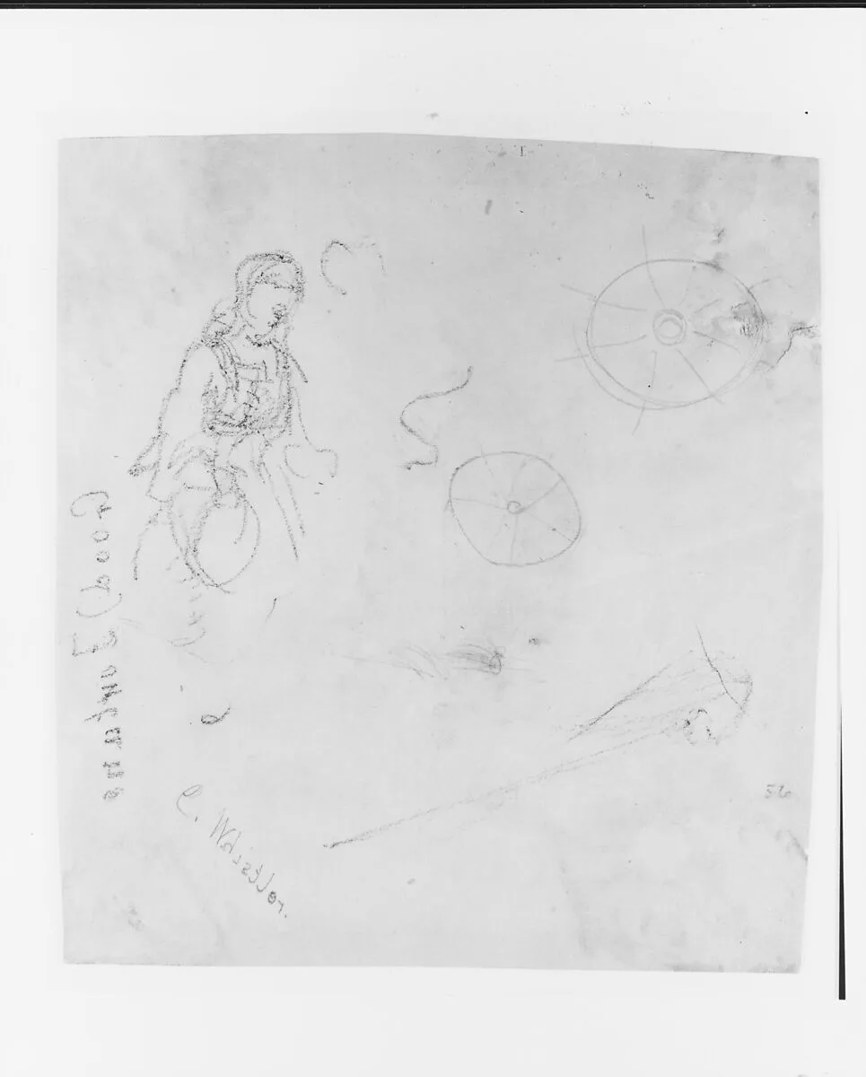 Female Figure; Wheels; Autograph (from Sketchbook) — James McNeill Whistler