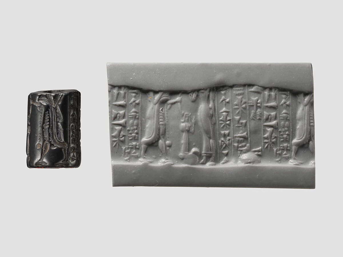 Cylinder seal and modern impression: confronted king and goddess (?), five rows of inscription — Unknown