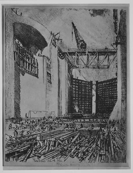 Laying the Floor of Pedro Miguel Lock — Joseph Pennell