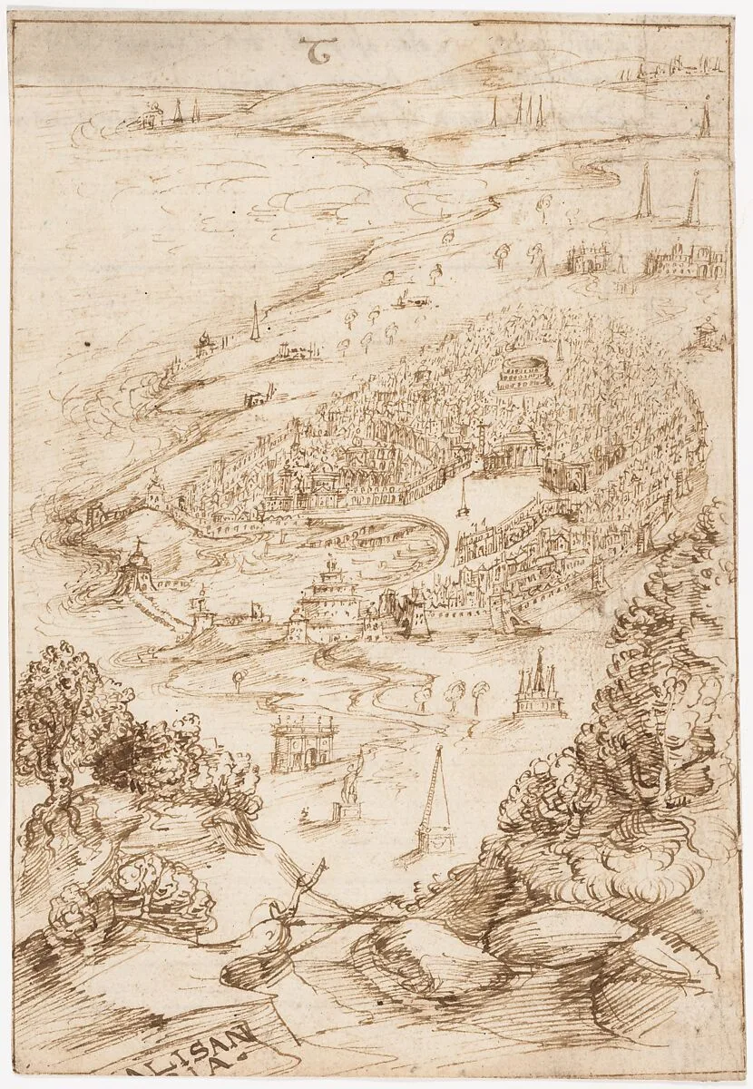 Recto: The Port City of Alexandria (? Allusion to Dinocrates's Building of Alexandria, Vitruvius, Book 2, introduction, no. 1); Verso: Fragmentary Writing ("Libro Primo..."). — Sangallo family|Marcus Pollio Vitruvius